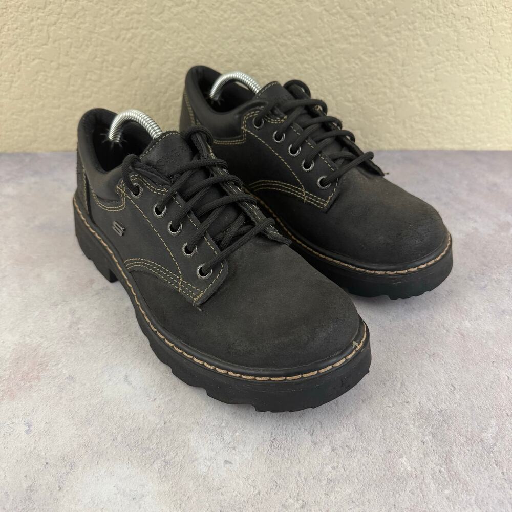 Skechers USA Shoes Womens 8 Chunky Black Leather Oxford Y2K Low Lug Sole 45120